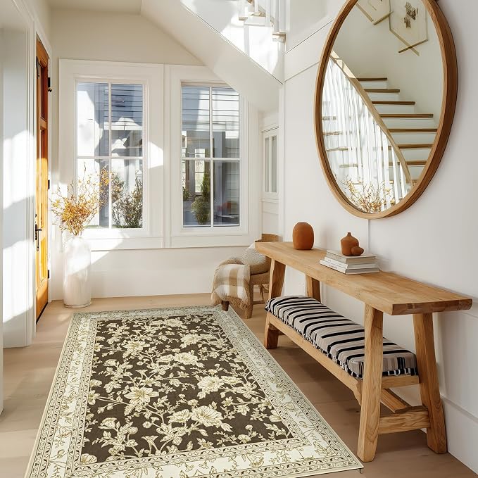 Floral Boho Rug 4x6 Washable Non Slip Area Rug Bohemian Carpet Door Mat Brown Beige Floral Distressed Modern Farmhouse Sketch Style Flower for Bedroom Foldable 4x6 for Entryway Living Room