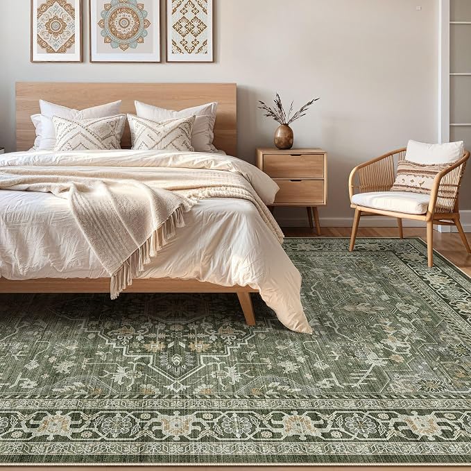 6x8 Area Rug Living Room: Washable Boho Large Neutral Vintage Soft Rugs Stain Resistant Farmhouse Non Slip Indoor Floor Carpet for Bedroom Nursery Kids Playroom Office Dining Room Home- Dark Green
