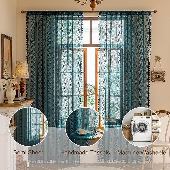 Sutuo Home Boho Lace Teal Curtains 96 inches Long for Living Room Bedroom, Semi Sheer Curtains Turquoise Farmhouse Privacy Crochet Vintage Tassels Window Decor Rod Pocket Decor, 2 Panels 50" W