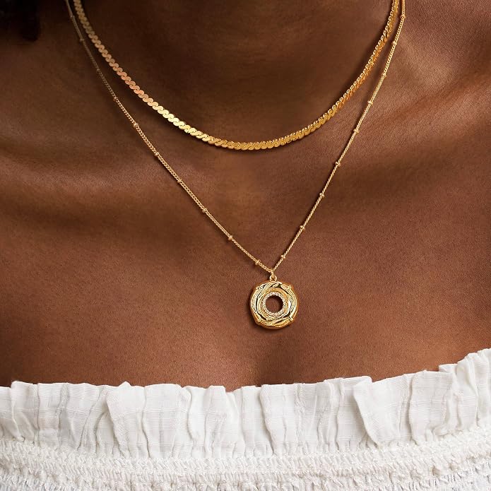 Dremmy Studios Dainty Gold Choker Necklace for Women 14K Gold Plated Coin Disc Figaro Layered Beaded Flat Mariner Sideways Cross Wishbone Link Clavicle Necklaces