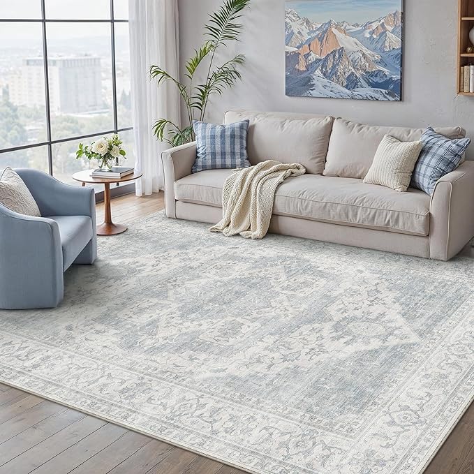 HUGEAR 5x7 Machine Washable Rug Blue Area Rug Room Decor Vintage Distressed Living Room Rugs Non Slip Low Pile Soft Carpet for Bedroom Office Dining Room Soft Lightweight