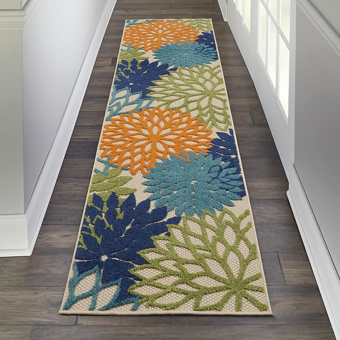 Nourison Home Aloha Indoor/Outdoor Multicolor 2'3" x 12' Area Rug, Tropical, Botanical, Easy Cleaning, Non Shedding, Bed Room, Living Room, Dining Room, Deck, Backyard, Patio (2x12)