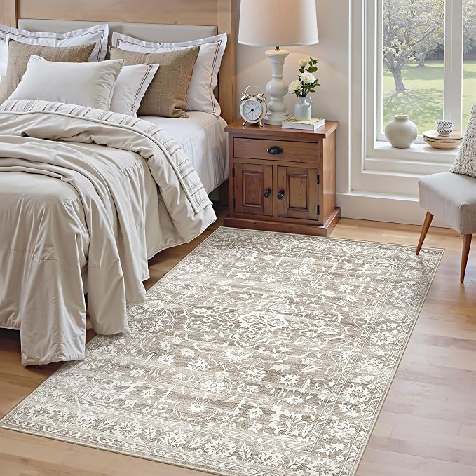 Soalmost Area Rugs 4x6 for Living Room, Neutral Washable Soft Rugs | Stain Resistant Floral Vintage Non-Slip Carpet for Entryway Dining Room Kitchen Farmhouse 4'x6' Light Brown