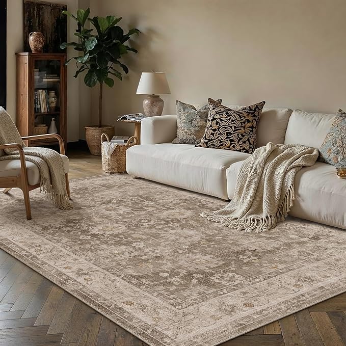 HUGEAR 5x7 Area Rug Taupe Machine Washable Rug Room Decor Vintage Distressed Living Room Rugs Non Slip Low Pile Soft Carpet for Bedroom Office Dining Room Soft Lightweight