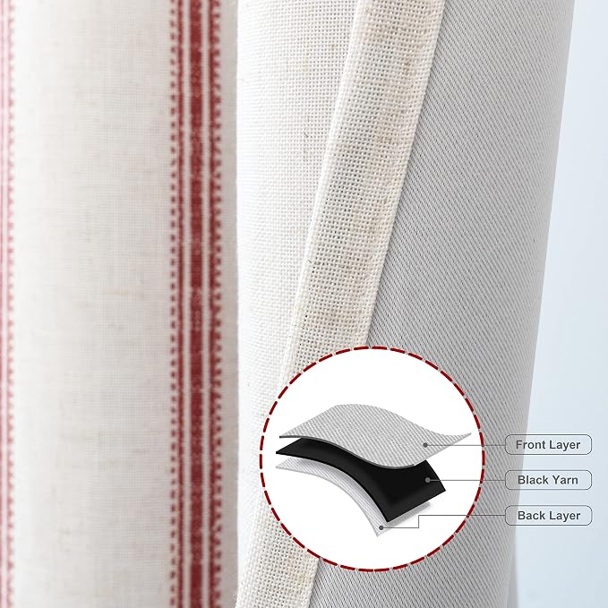 DriftAway Farmhouse Linen Stripe Blackout Curtains, W52xL84, Red | Blackout, Linen Texture, Stripe Pattern, Grommet, Two Layers, Bedroom Living Room Use, Sound Reducing Design