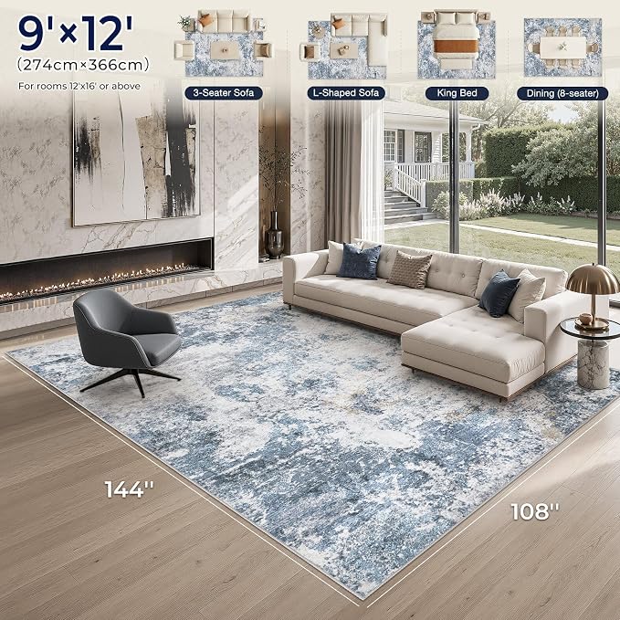 DMOYEST 9x12 Area Rug for Living Room, Washable & Non Slip Large Indoor Carpet, Kid & Pet Friendly Soft Thin Low Pile Abstract Rug for Bedroom and Office - Blue