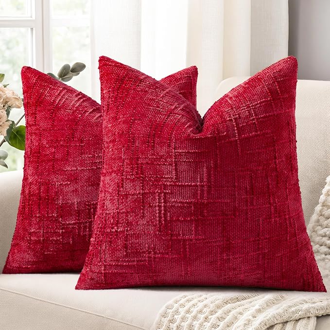 decorUhome Textured Chenille Throw Pillow Covers 24x24 Set of 2 Red | Fall Modern Farmhouse Soft Cozy Slubby Couch Pillow Cases Boho Decorative Pillow Cases for Bed Sofa Living Room Home Decor