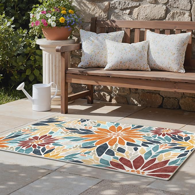 GENIMO 3x5 Outdoor Rug, Washable for Porch and Balcony, Rust Blue | Floral design for entryway; fade resistant chenille with quick-dry non-slip backing for indoor mudroom