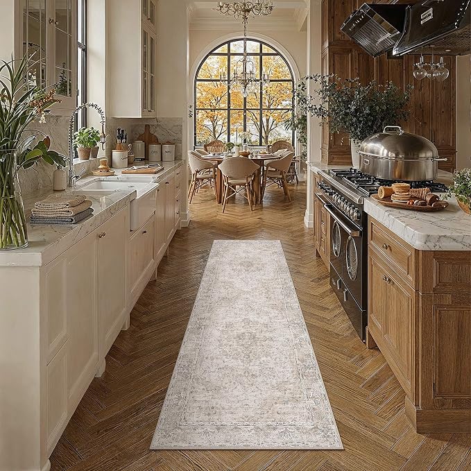 HUGEAR Beige Runner Rugs 2x6 Washable Rug Indoor Carpet | Hallway Runner Rug,Vintage Rug,Bedroom,Kitchen,Laundry,Non Shedding,Non Slip,Low Pile,Soft
