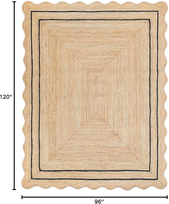 Wave Scalloped Natural Jute Runner Boho Entryway Farmhouse Scallop Rug, Black (8'x10'')