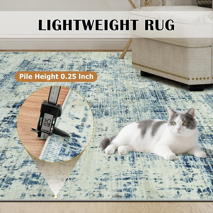 9x12 Area Rugs Washable Rug: Anti-Skid Abstract Modern Living Room Rug Soft Thin Carpets Indoor Floor Non-Shedding Carpet for Bedroom Dining Farmhouse Nursery Home Office (Blue Gray/Gold, 9'x12')