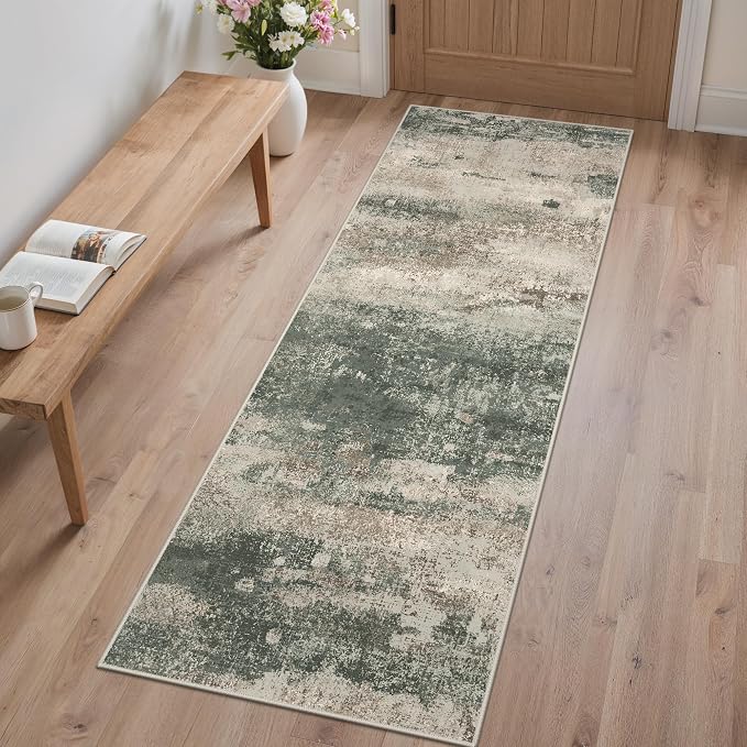 GENIMO Runner Rug Non Slip 2x6, Washable Rug Runner for Hallways Kitchen, Abstract Modern Kitchen Rugs, Low Pile Lightweight Carpet Runners for Entryway, Bedroom, Laundry, Sage Green Sand