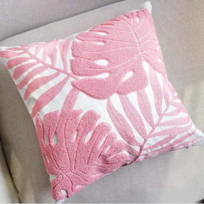 Embroidery Throw Pillow Cover 18x18 Home Decor Floor Pillow Cover for Couch Sofa Chair 100% Cotton Loop Embroidered Pink Tropical Leaves Cushion Cover Square Pillowcase 45x45cm, 1 Piece