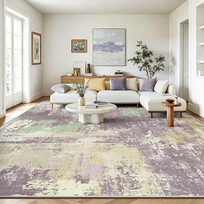 8x10 Rugs for Living Room - Modern Abstract Washable Rug, Ultra Soft Non Slip Low Pile Large Rugs, Floor Carpet for Bedroom Dining Room Office Laundry Nursery Home（Violet Color）