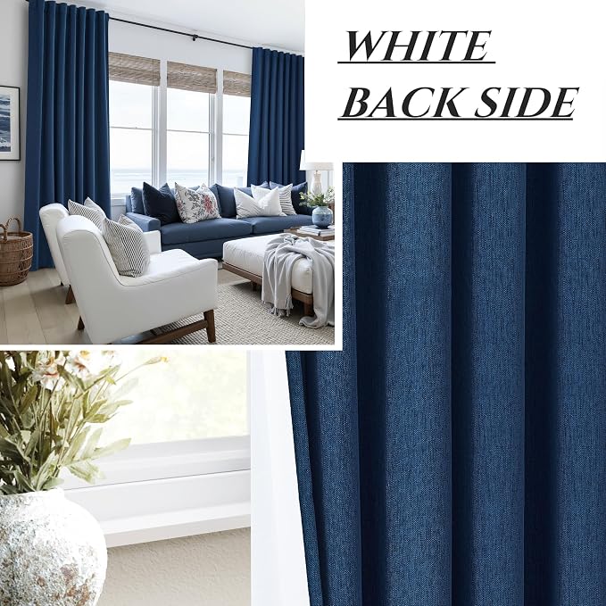 Navy Blue Blackout Curtains 86 Inch Length for Kids/Boys Rooms/Bedroom, Floor to Ceiling Track Pleated Drapes with Hooks Linen Thermal Coastal Curtain Dark Blue Window Burg 50"Wx86"Lx 2Panels Back Tab