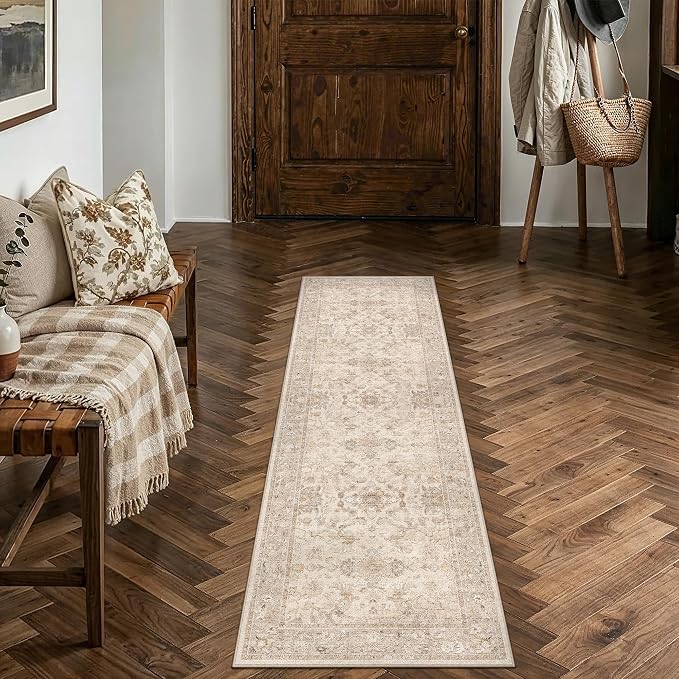 2x6 Beige Washable Runner Rug Non Slip Vintage Carpet | Soft Low Pile, Lightweight Foldable, Pet Friendly, Hallway, Kitchen, Bathroom, Front Door, Beside Bed