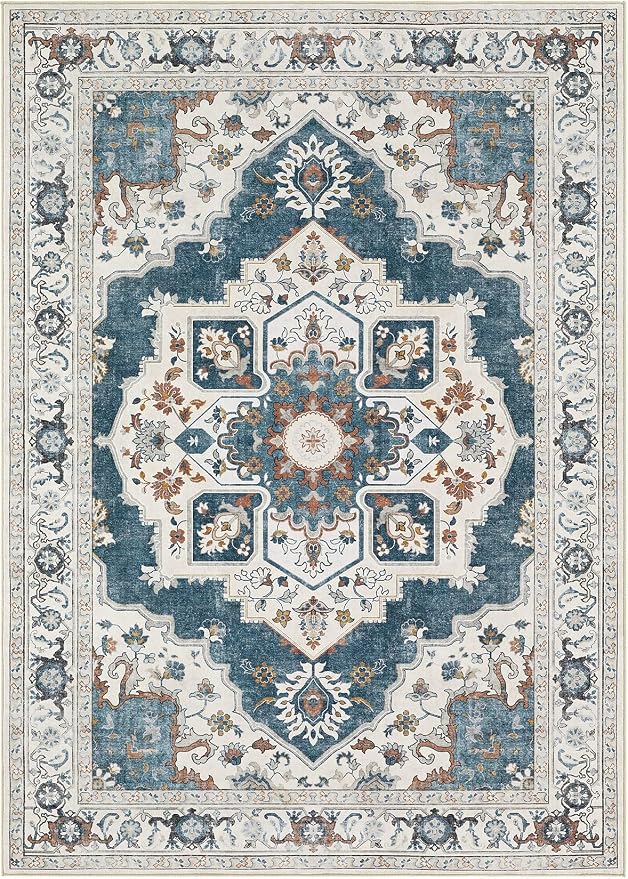 5x7 Washable Area Rug: Vintage Neutral Soft Non Slip Thin Large Floor Carpet for Living Room Bedroom Kitchen Dining Room Home Office Farmhouse Indoor - Blue