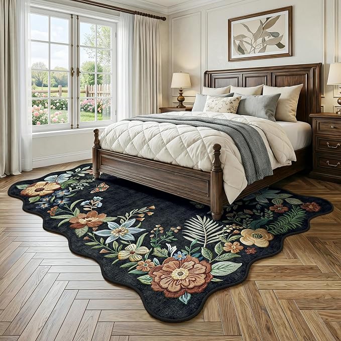 FMFUNCTEX 6x9 Washable Black Floral Vintage Flower Area Rug for Living Room | Colorful Traditional Boho Distressed Soft Non Slip Low Pile Large Indoor Thin Carpet Bedroom Dining Room Nursery, Black/Grey