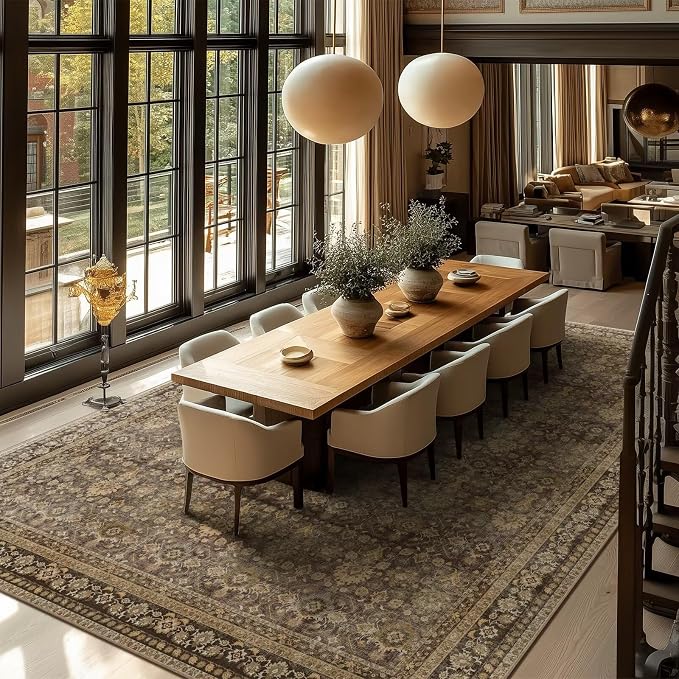 Boho Washable 10x14 Area Rugs for Living Room, Cushioned, Deep Brown | Vintage Non-slip Neutral Oriental Rugs for Bedroom Dining Room Nursery Office High Traffic Area