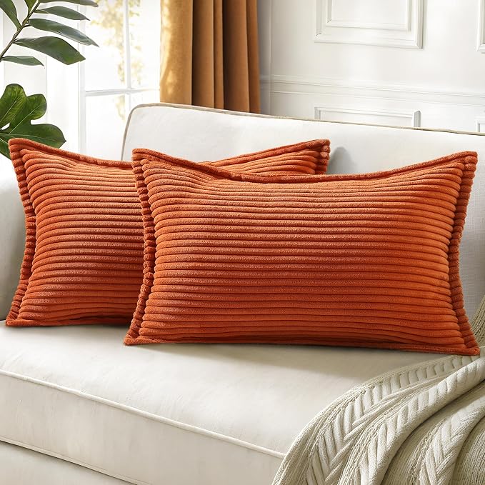 decorUhome Fall Corduroy Rust Throw Pillow Covers 12x20 Set of 2 | Lumbar Couch Decorative Soft Modern Boho Farmhouse Pillow Covers Broadside Striped Pillow Cases for Living Room Bed Sofa