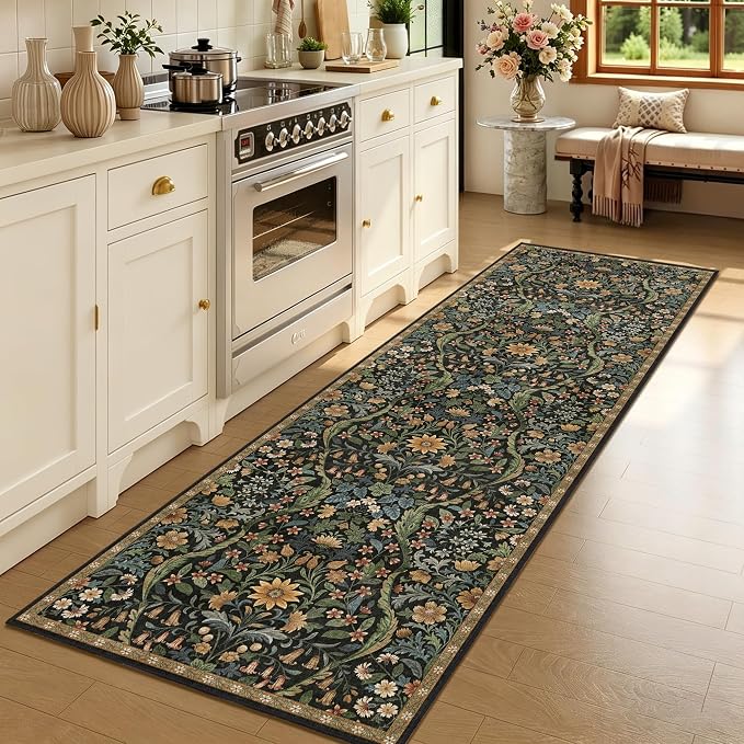 2’6”x8’ Washable Runner Rug,Black Brown Floral Boho Area Rug for Hallway,Low-Pile Non-Slip Stain Resistant Carpet for Kitchen, Bedside,Laundry Room,Entryway