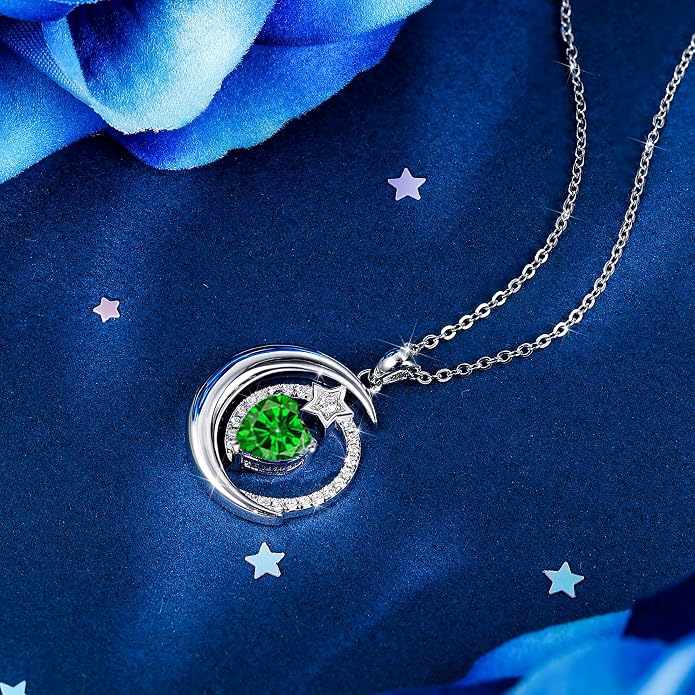 S925 Sterling Silver Birthstone Pendant Necklace Moon Star Necklace Jewelry Gift for Women Anniversary Valentine's day