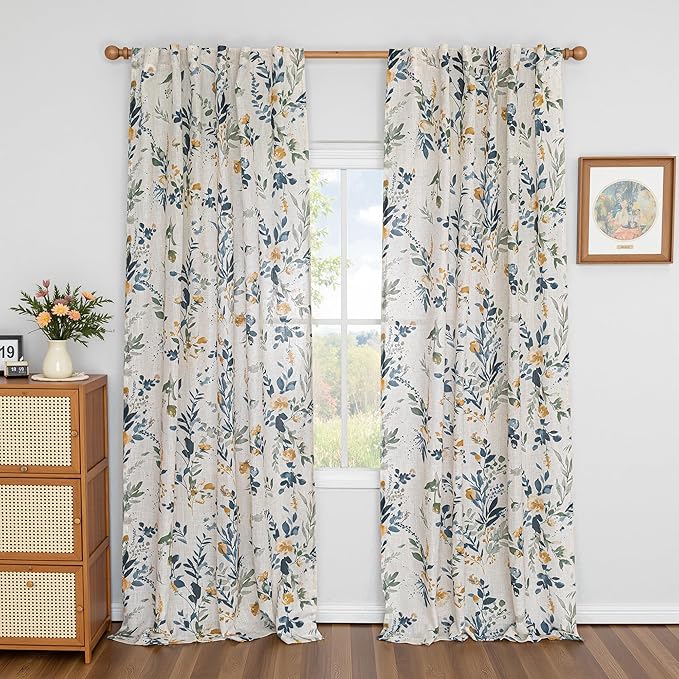 MYSKY HOME Linen Floral Curtains 95 Inch Length 2 Panels Set Semi Sheer Natural Modern Flower Printed Light Filtering French Country Window Curtain for Dining Room, Yellow and Blue, 50" W Each Panel