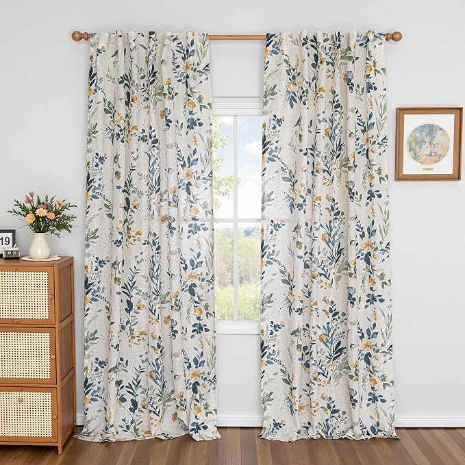 MYSKY HOME Floral Linen Curtains 80 inch Length 2 Panels Set - Light Filtering Semi Sheer Protect Privacy Farmhouse Patterned French Drapes Back Tab for Living Room Bedroom, 50" W, Yellow and Blue