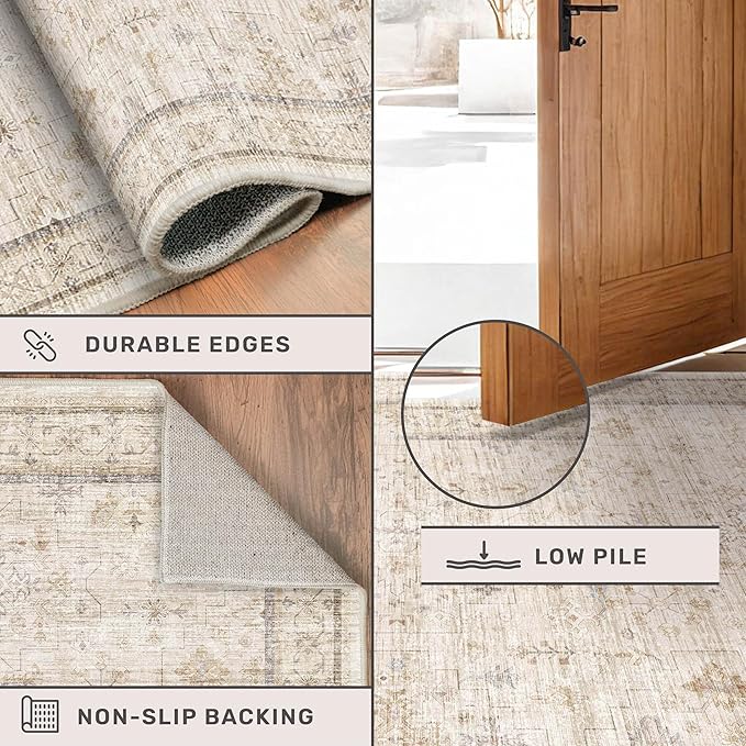Sand Beige Washable 3x20 Extra Long Hallway Runner Rug, Vintage Farmhouse Rugs for Kitchen, Geometric Floral Entryway Floor Mats, Non Skid with Rubber Backing, Low Pile & Soft Carpet