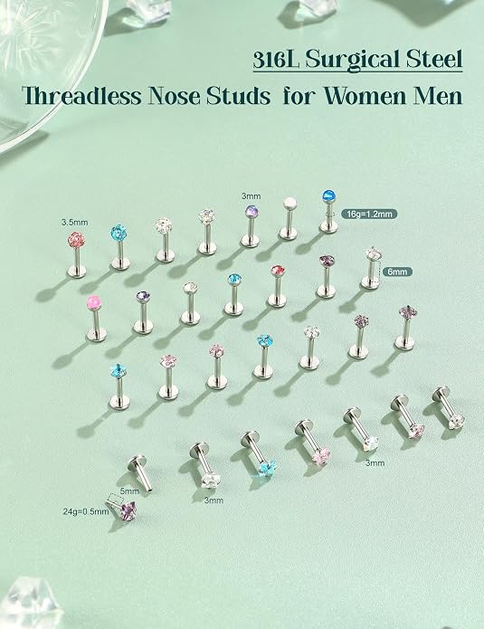Nose Rings Studs Flat Back Earrings Hypoallergenic - Threadless Surgical Steel Nose Ring Studs Cartilage Earring Monroe Nostril Labret Medusa Tragus Conch Helix Piercing Jewelry for Women Men 28Pcs