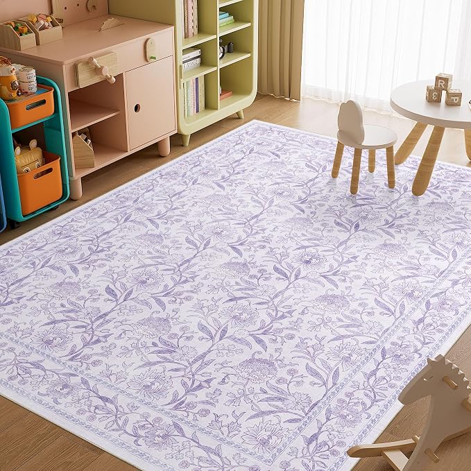 DUKINO 8x10 Area Rug, Vintage Floral Washable Rugs for Living Room, Purple | Non Slip, Low Pile, Non-Shedding, Stain Resistant Boho Soft Indoor Large Carpet for Bedroom Dining Room Farmhouse, Home Decor