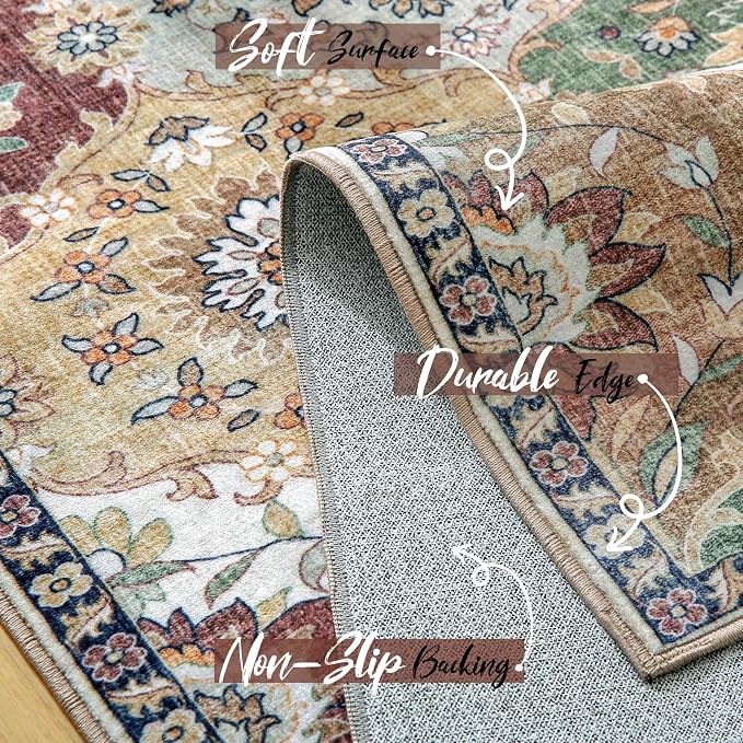 Area Rugs 4x6 Rug for Bedroom, Clearance Washable Area Rug, Non-Slip Lightweight Low Pile Rug for Living Room Dining Room Nursery Room Entryway,Multi/Green