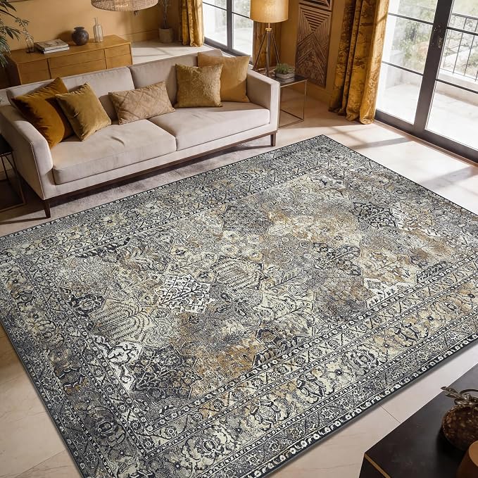 Keen Home Design 9x12 Rug - Machine Washable Area Rug with Non-Slip Backing, Ideal for Living Room, Dining Room, Bedroom - Vintage, Easy Clean, Durable, Low Pile Rug - (9' x 12')