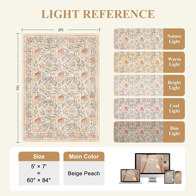 DUKINO 5x7 Area Rugs, Vintage Floral Washable Rug for Living Room, Beige | Non Slip, Low Pile, Non-Shedding, Stain Resistant Lightweight Boho Soft Carpet for Bedroom Home Office Dining Room Farmhouse