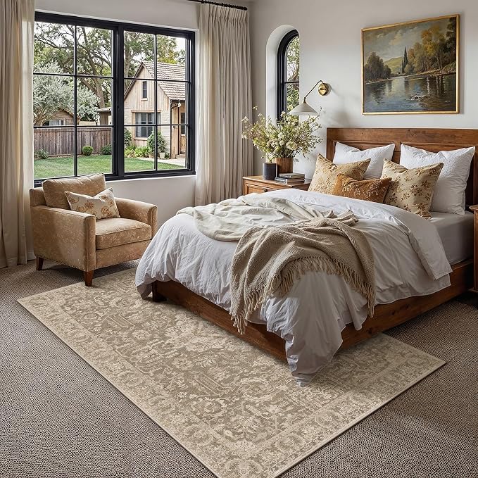 HUGEAR 5x7 Area Rug Taupe Machine Washable Rug Room Decor Distressed Vintage Living Room Rugs Low Pile Non Slip Soft Carpet for Bedroom Office Dining Room Soft Lightweight