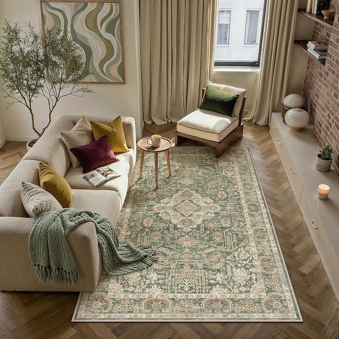 HUGEAR 5x7 Area Rug Green Machine Washable Rug Room Decor Vintage Distressed Living Room Rugs Non Slip Low Pile Soft Carpet for Bedroom Office Dining Room Soft Lightweight