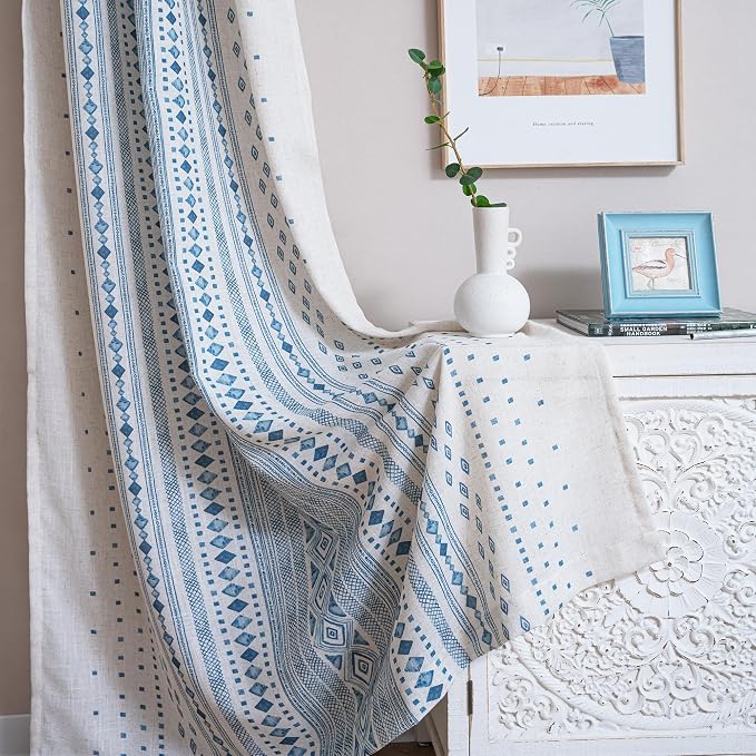 MYSKY HOME Boho Curtains Semi Sheer Linen Blended Curtains 95 Inches Long for Living Room Stripe Patterned Farmhouse Curtains Light Filtering Privacy Back Tab Drapes, 50'' Wide, Blue, 2 Panels