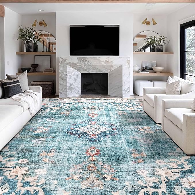 MUJOO 9x12 Area Rug Teal Washable Rug Non Slip Low-Pile Floral Large | Machine Washable Throw Carpet for Living Room Bedroom Dining Room Boho Soft Big Floor Indoor Flowers Blue Colorful