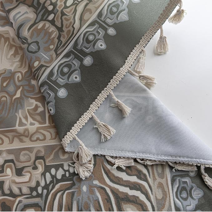 Sage Green Medallion Curtains 72 Inches Long, Boho Farmhouse Light Filtering Rod Pocket Drapes with Tassel Trim for Bedroom Living Room, 2 Panels