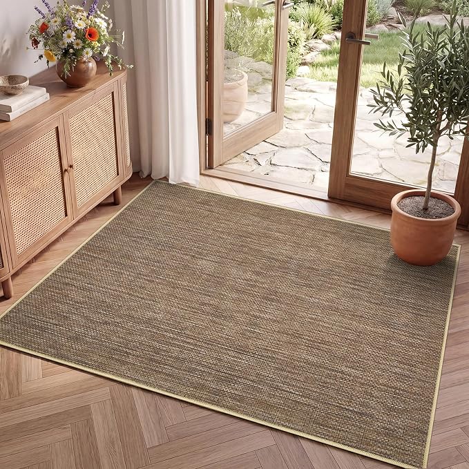 GarveeHome 2x3 Small Easy Jute Area Rugs Indoor Non Slip Living Room Mat | Washable Modern Solid Bedroom Rugs Stain Resistant Neutral Door Mat for Entryway Nursery Kitchen Dorm Kids Room, Brown