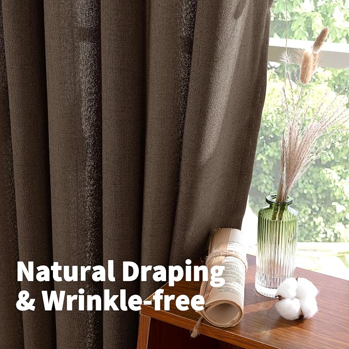 YoungsTex Brown Linen Curtains 48 Inch Length for Living Room Window, Light Filtering Drapes Semi Sheer with Bronze Grommet Privacy for Bedroom, 42 x 48 Inch, 2 Panels