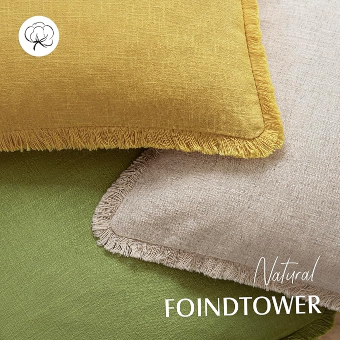 Foindtower Set of 2 Decorative Linen Fringe Throw Pillow Covers Cozy Boho Farmhouse Cushion Cover with Tassels Soft Accent Pillowcase for Couch Sofa Bed Living Room Home Decor,20×20 Inch,Ginger Yellow