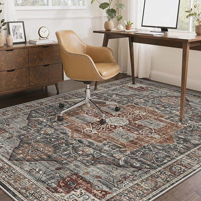 Roxstand Washable 3x5 Area Rug, Non Slip Rug for Entryway Grey/Brown/Tan | Low Pile Vintage Rug, Stain Resistant, Non-Shedding Design, Pet & Kid Friendly, Carpet for Living Room, Bedroom, Dining Room