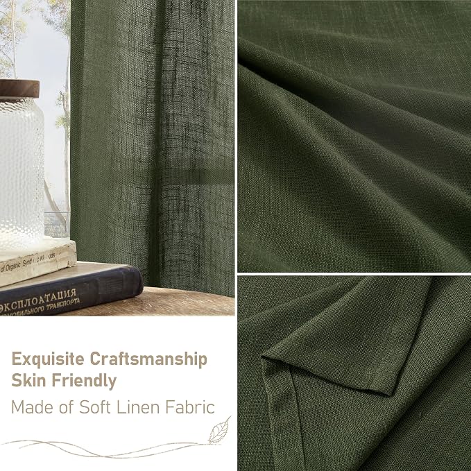 LAMIT Olive Green Linen Window Curtains 30 Inches Long 2 Panels, Semi Sheer Light Filtering Panels Back Tab and Rod Pocket Christmas Drapes for Basement/Small Windows, 34 x 30 Inch