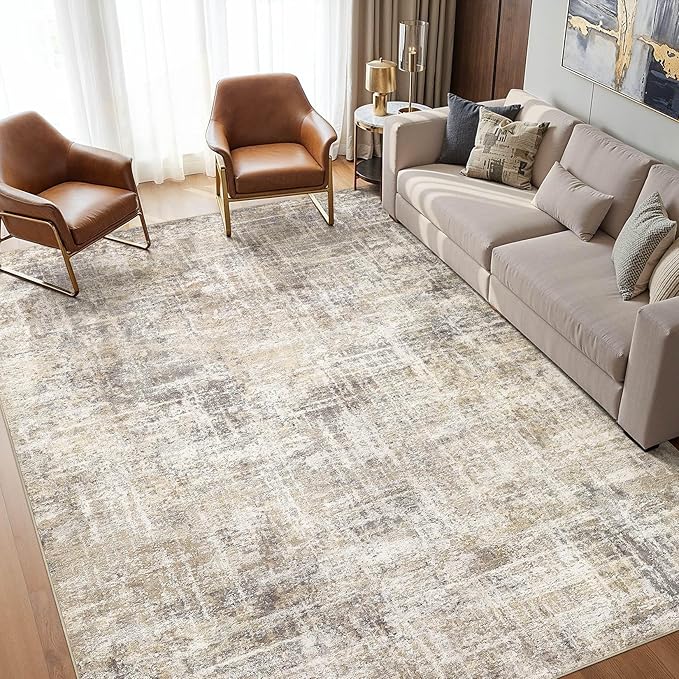 cotiled Washable 5x7 Area Rug for Living Room - Modern Abstract Carpet with Non-Slip Backing, Low Pile & Soft, Stain Resistant, Kid & Pet Friendly Decor for Bedroom & Dining Room - Gold Brown