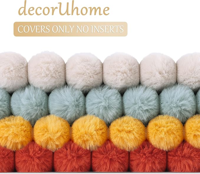 decorUhome Fall Faux Fur Throw Pillow Covers 20x20 Set of 4 Rust/Beige | Decorative Modern Farmhouse Soft Cozy Striped Pillow Cases Velvet Back for Sofa Bed Living Room Classic Accent Home Decor