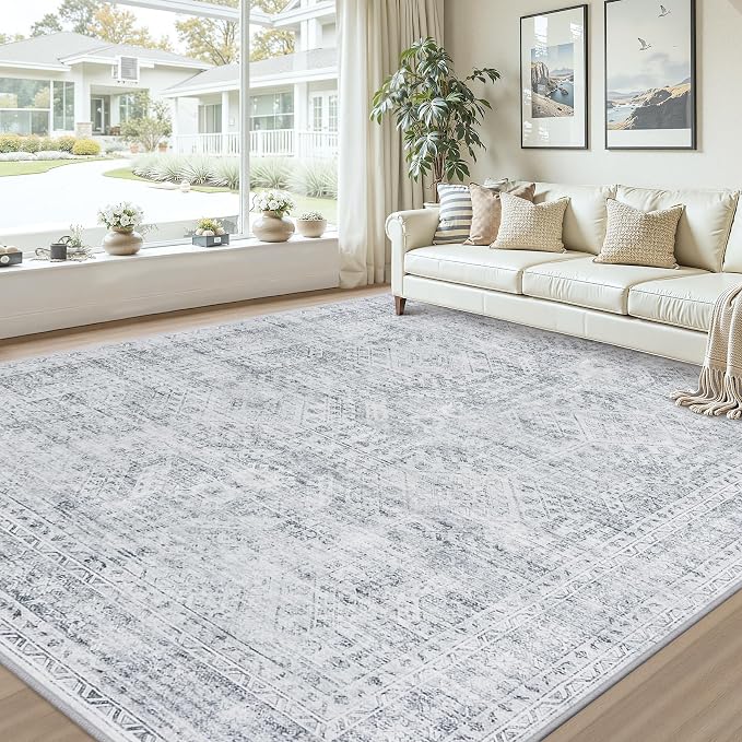 10x12 Area Rug for Living Room: Vintage Boho Neutral Washable Rug Indoor Soft Large Area Rug Carpet for Bedroom Nursery Farmhouse Dining Room Office Floor Non-Slip Low Pile Under Table Rug Gray