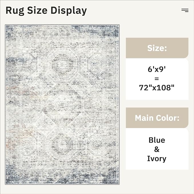 Soalmost 6x9 Area Rug for Living Room Washable 6x9 Non-Slip Modern Rugs for Bedroom Dinning Room Ultra-Thin Indoor Blue Ivory