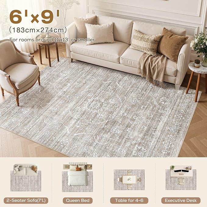Nakagishi 6x9 Area Rugs Living Room: Washable Large Vintage Rug Neutral Non-Slip Soft Stain Resistant Indoor Carpet for Bedroom Nursery Dining Room Office Playroom - Light Brown