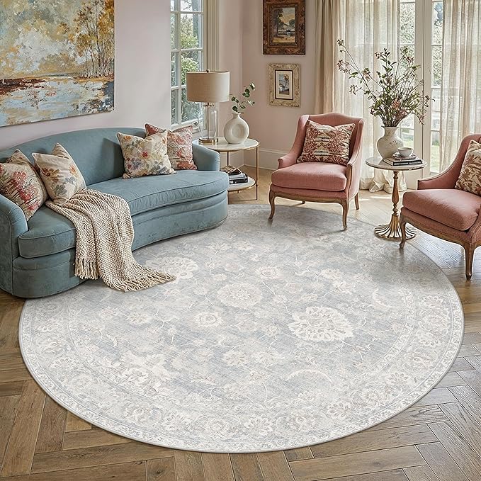 8x8 Blue Cream Washable Round Rug for Living Room Bedroom Neutral Floral Soft Non Slip Circle Rug Low Pile Distressed Carpet for Dining Room Nursery Office Indoor